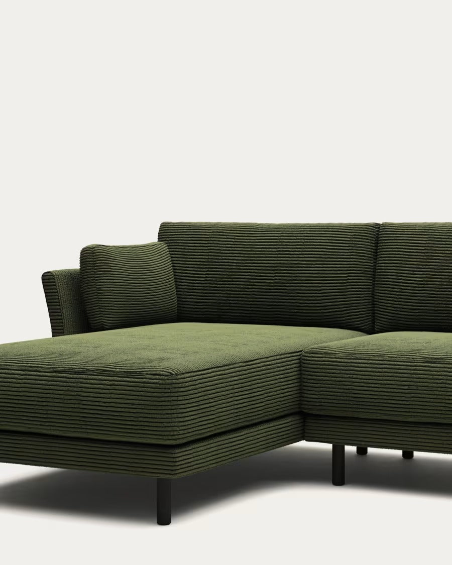 Gilma 3 Seater Sofa, right/left chaise in green wide seam corduroy, black legs, 260cm