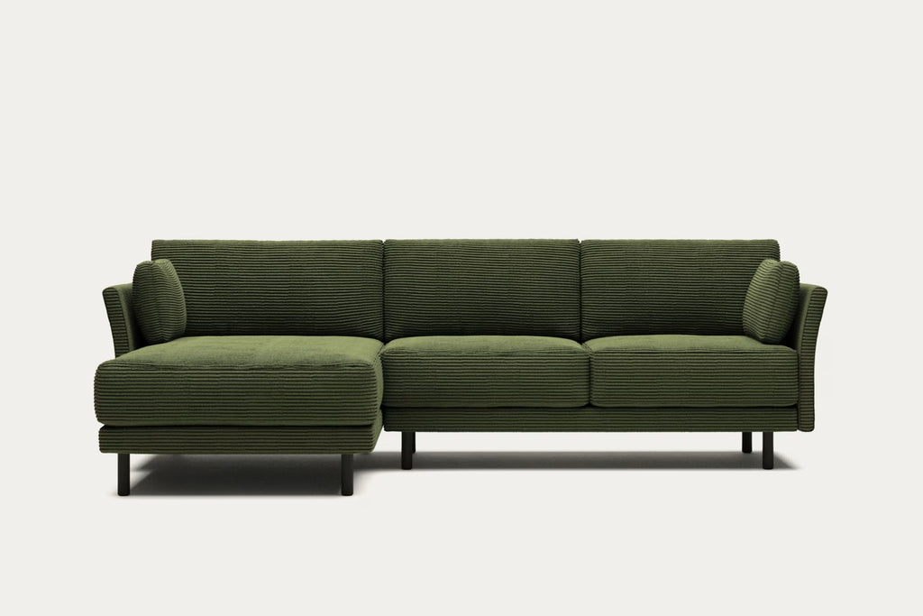 Gilma 3 Seater Sofa, right/left chaise in green wide seam corduroy, black legs, 260cm