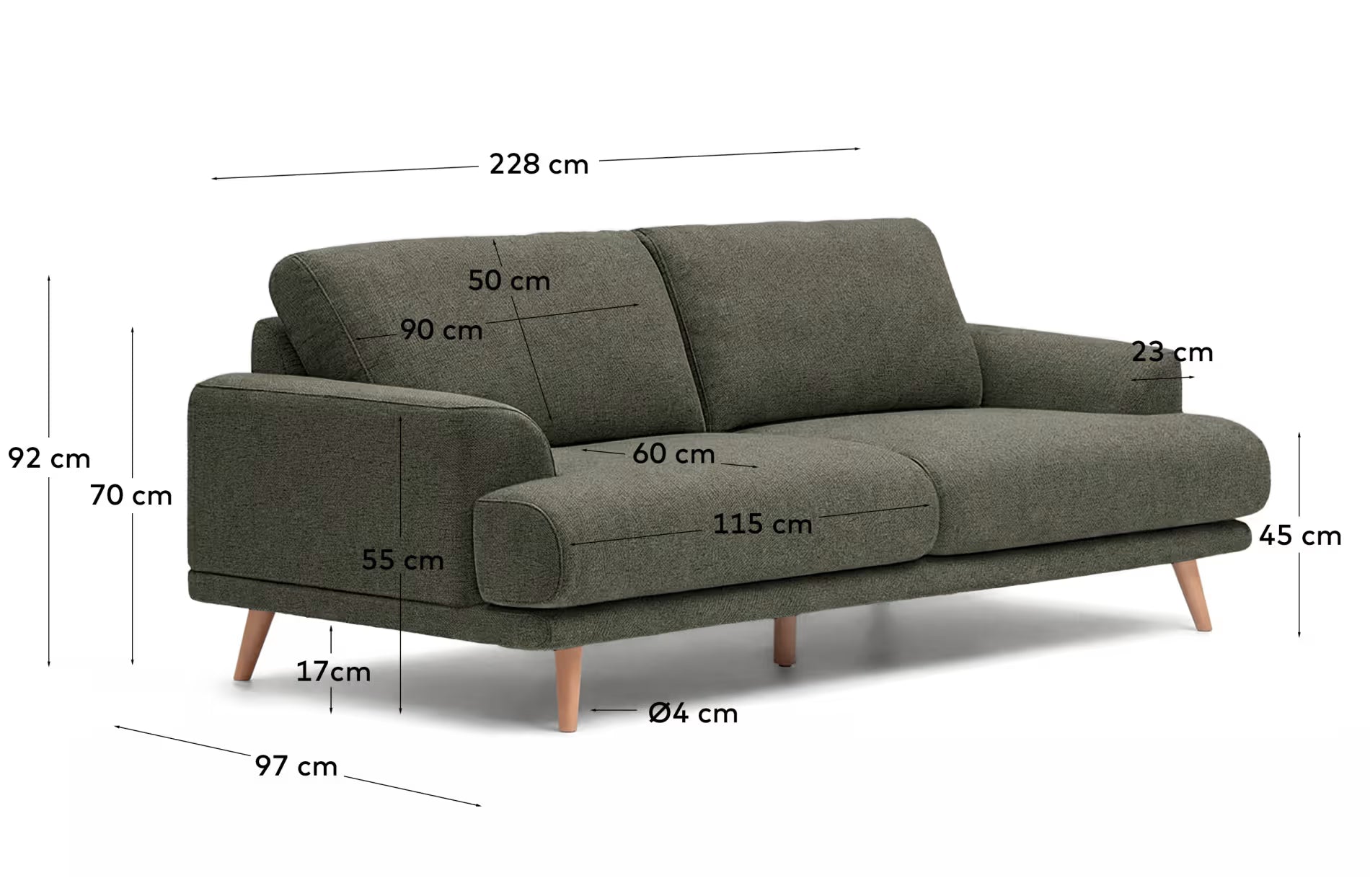 Karin 3-seater sofa in dark green chenille 231 cm