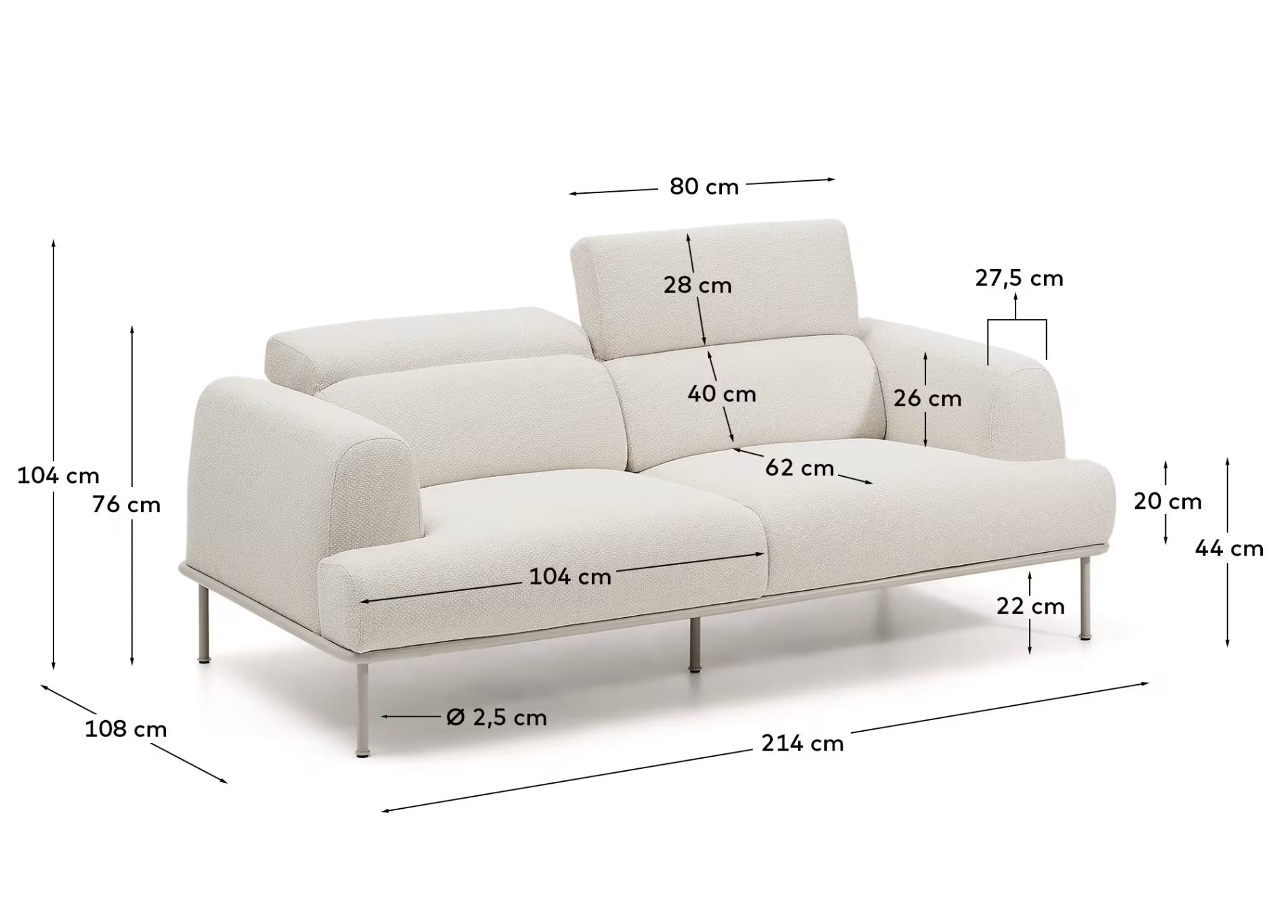 Aurum 2-seater Sofa in Ecru Chenille 214cm