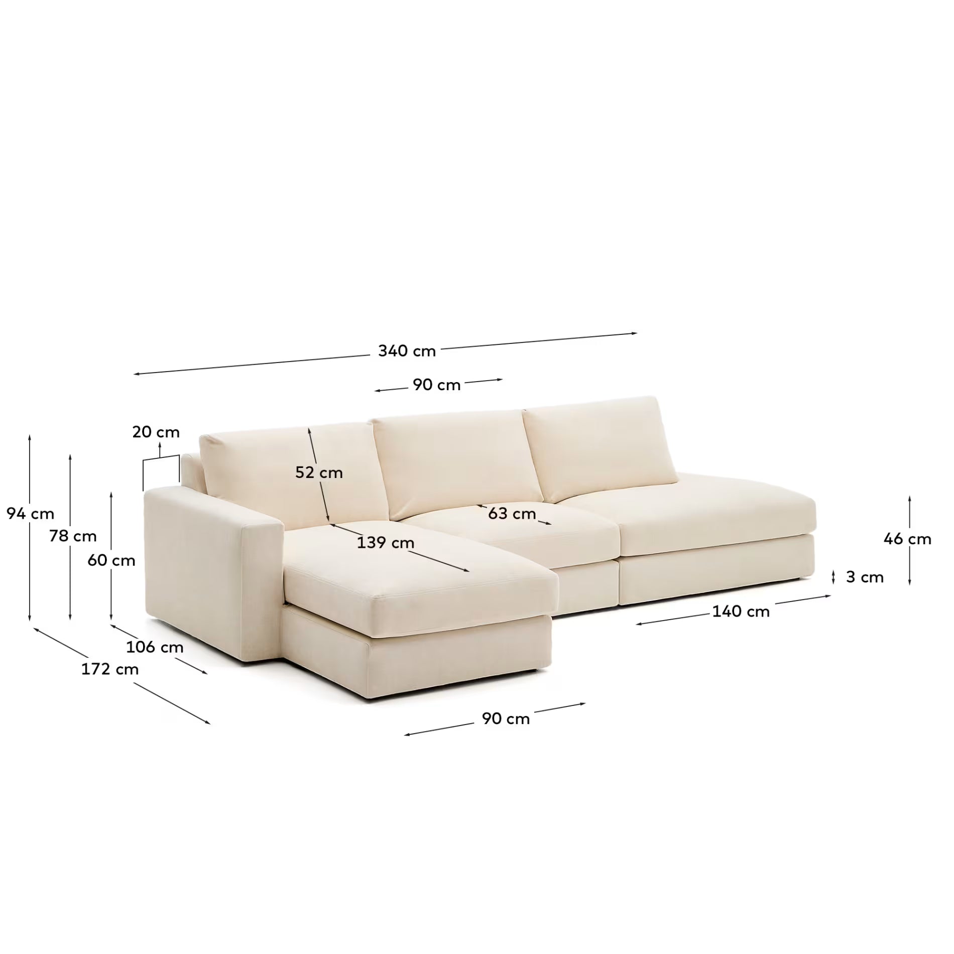 Alea ecru 5-seater modular sofa left chaise 340cm