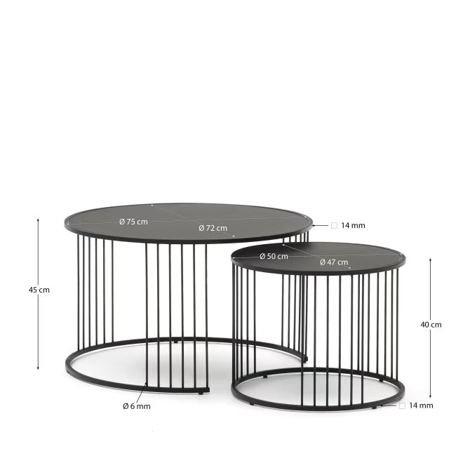 Hadar set of 2 Tempered Glass & Metal Side Tables with matte black finish, ? 75cm/? 45cm