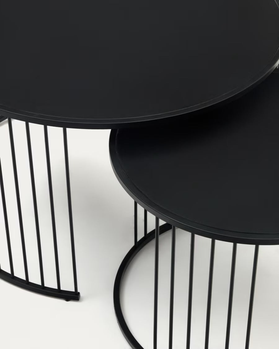 Hadar set of 2 Tempered Glass & Metal Side Tables with matte black finish, ? 75cm/? 45cm