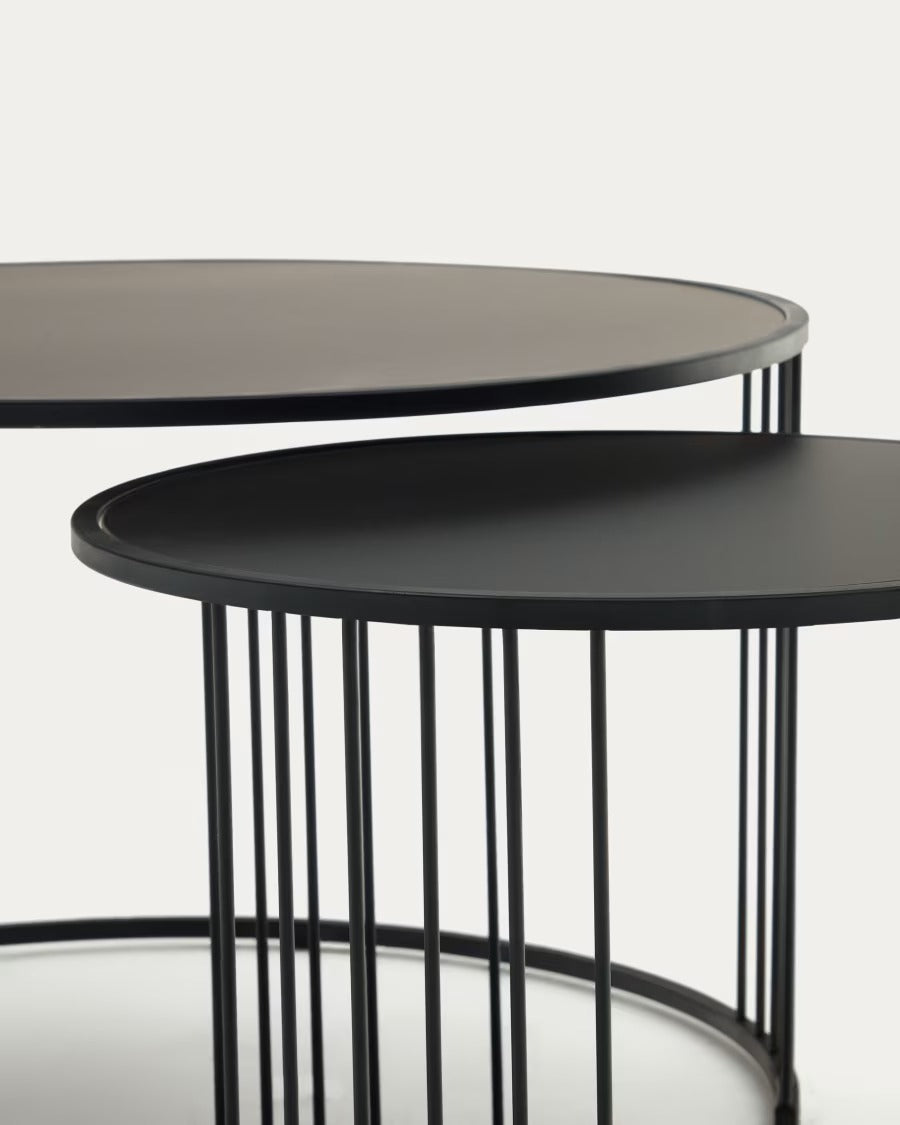 Hadar set of 2 Tempered Glass & Metal Side Tables with matte black finish, ? 75cm/? 45cm