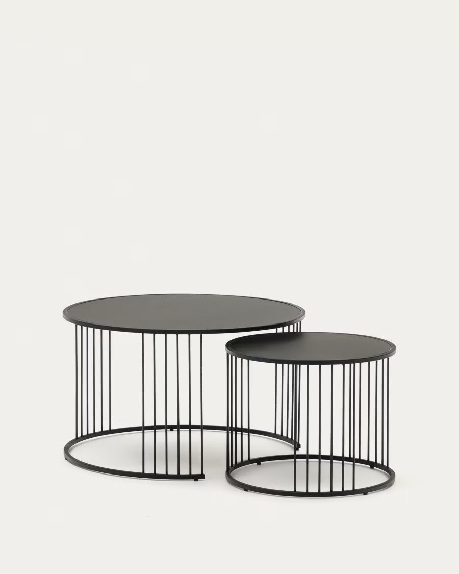 Hadar set of 2 Tempered Glass & Metal Side Tables with matte black finish, ? 75cm/? 45cm