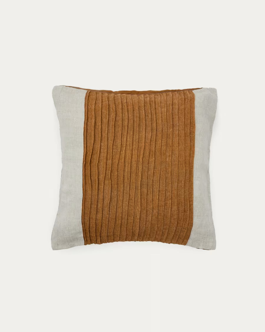 Zoren mustard pleated 100% linen cushion 50 x 50cm