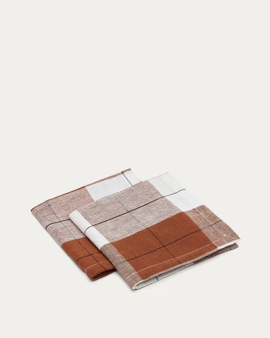 Matie Set of 2 Cotton and Linen Napkins in Brown Check